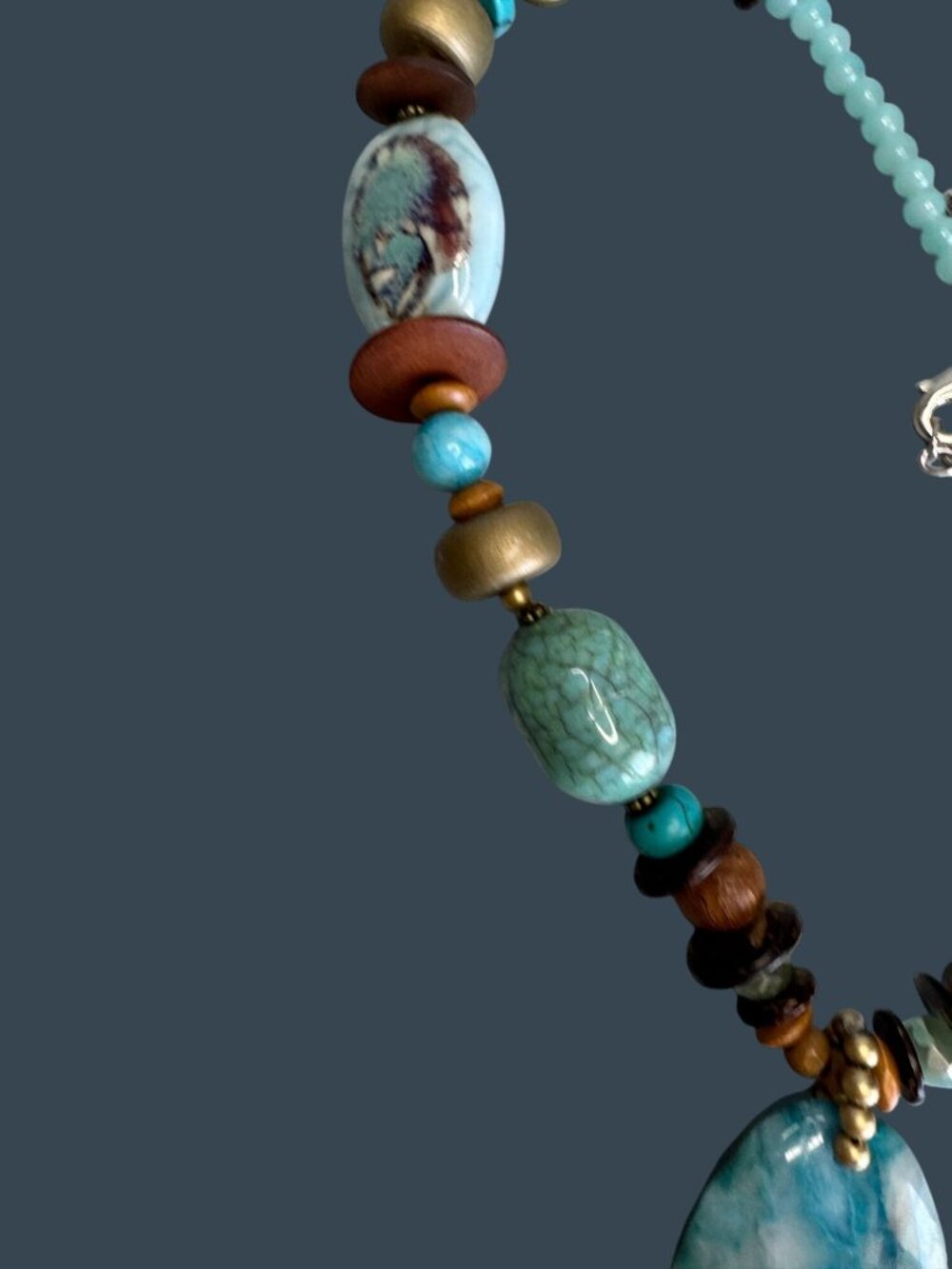 Boho Turquoise Chunky Necklace Stone Pendant Ceramic Bead Adjustable 26in - Picture 8 of 10